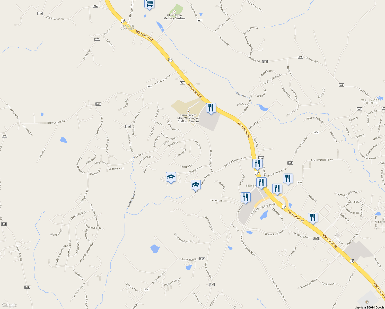 map of restaurants, bars, coffee shops, grocery stores, and more near 8 Pierre Emmanuel Court in Fredericksburg