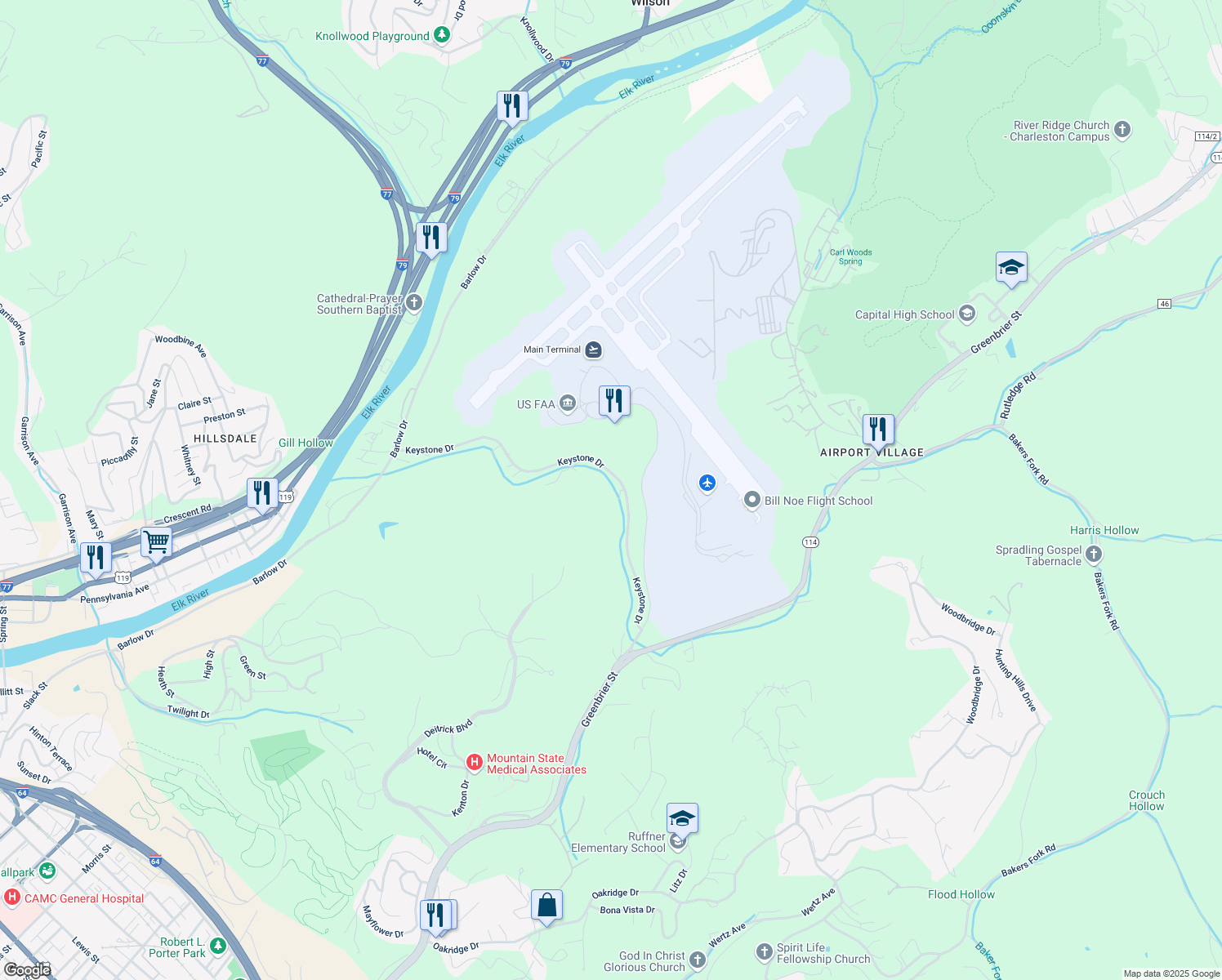 map of restaurants, bars, coffee shops, grocery stores, and more near 301 Keystone Drive in Charleston