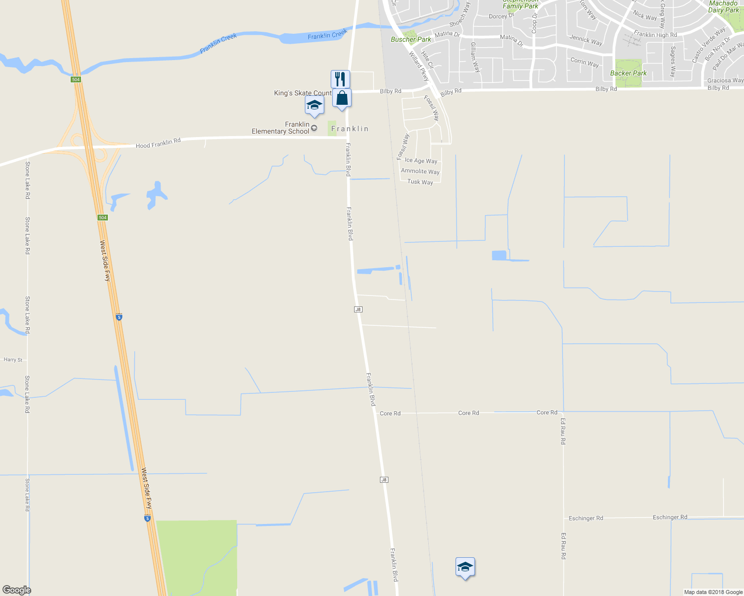 map of restaurants, bars, coffee shops, grocery stores, and more near 10797 Franklin Boulevard in Elk Grove
