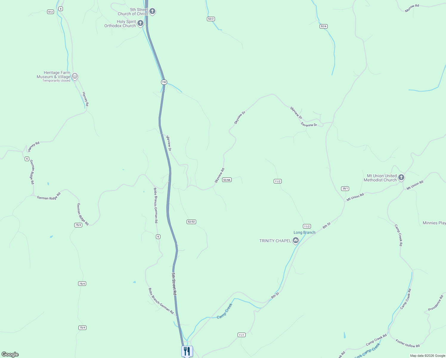 map of restaurants, bars, coffee shops, grocery stores, and more near 3510 County Highway 52/66 in Huntington
