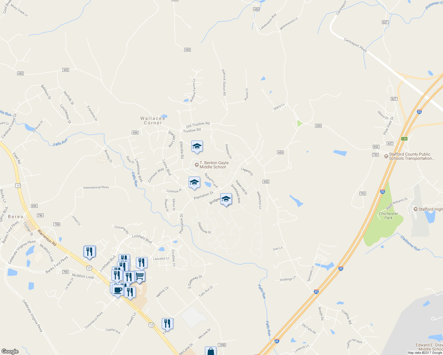 map of restaurants, bars, coffee shops, grocery stores, and more near 41 Spruce Lane in Fredericksburg
