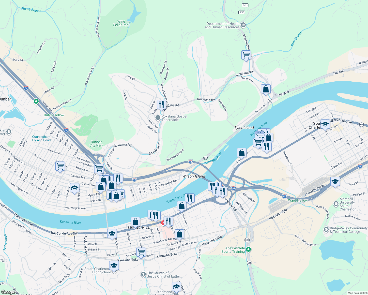 map of restaurants, bars, coffee shops, grocery stores, and more near 415 Westmoreland Drive in Dunbar