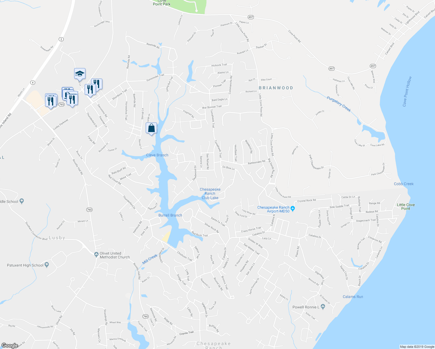 map of restaurants, bars, coffee shops, grocery stores, and more near 11570 Tomahawk Trail West in Lusby