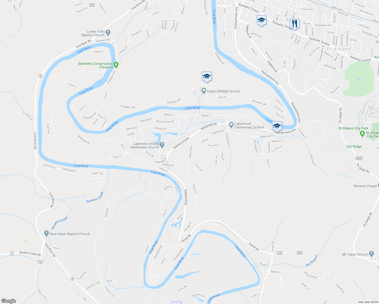 map of restaurants, bars, coffee shops, grocery stores, and more near 2151 Bellwood Drive in Saint Albans