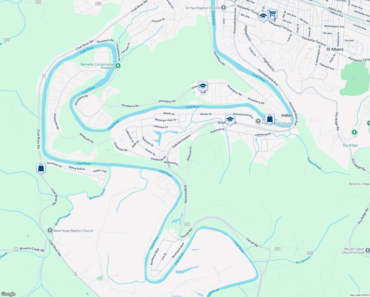 map of restaurants, bars, coffee shops, grocery stores, and more near 2151 Bellwood Drive in Saint Albans