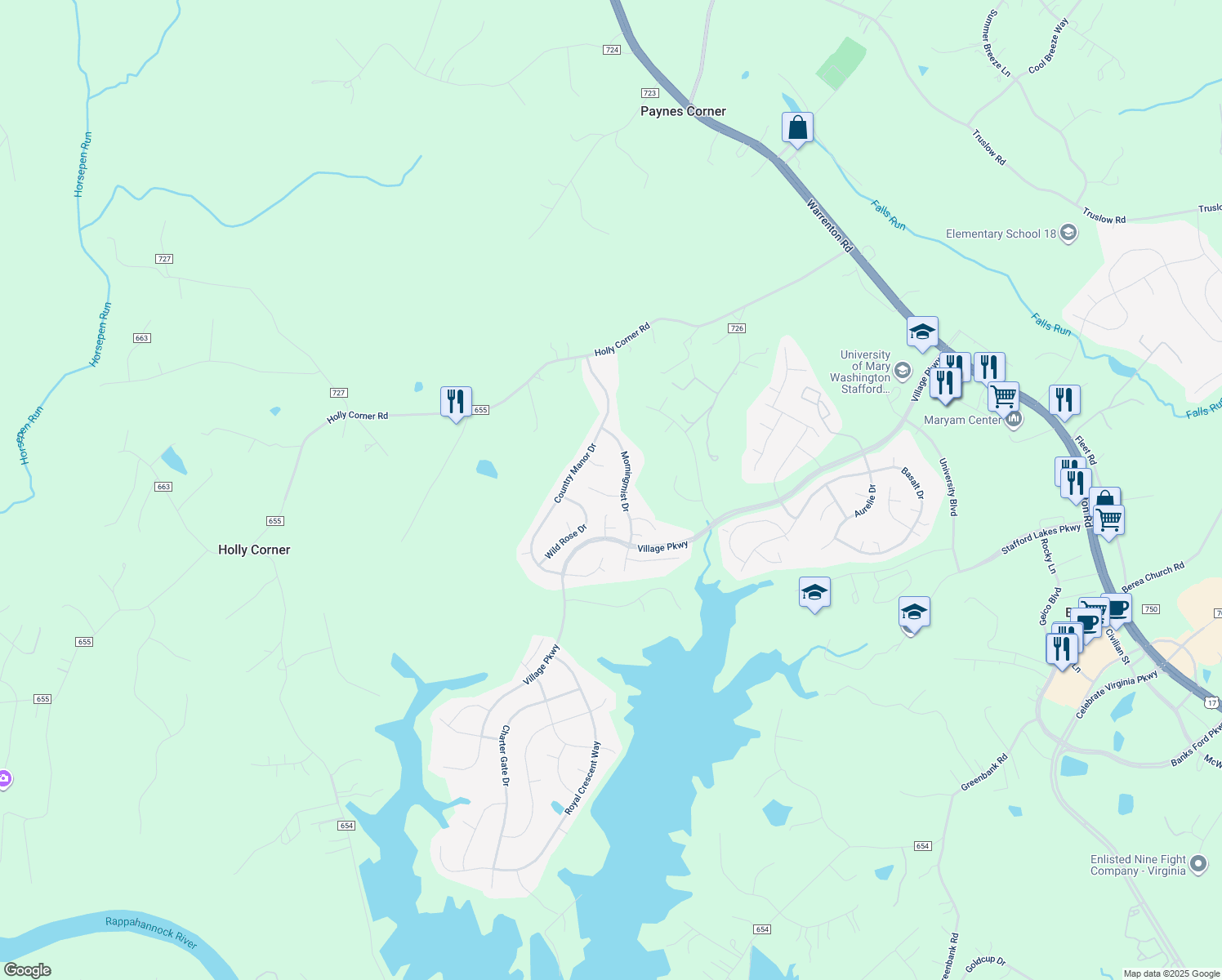map of restaurants, bars, coffee shops, grocery stores, and more near 4 Shannondale Court in Fredericksburg
