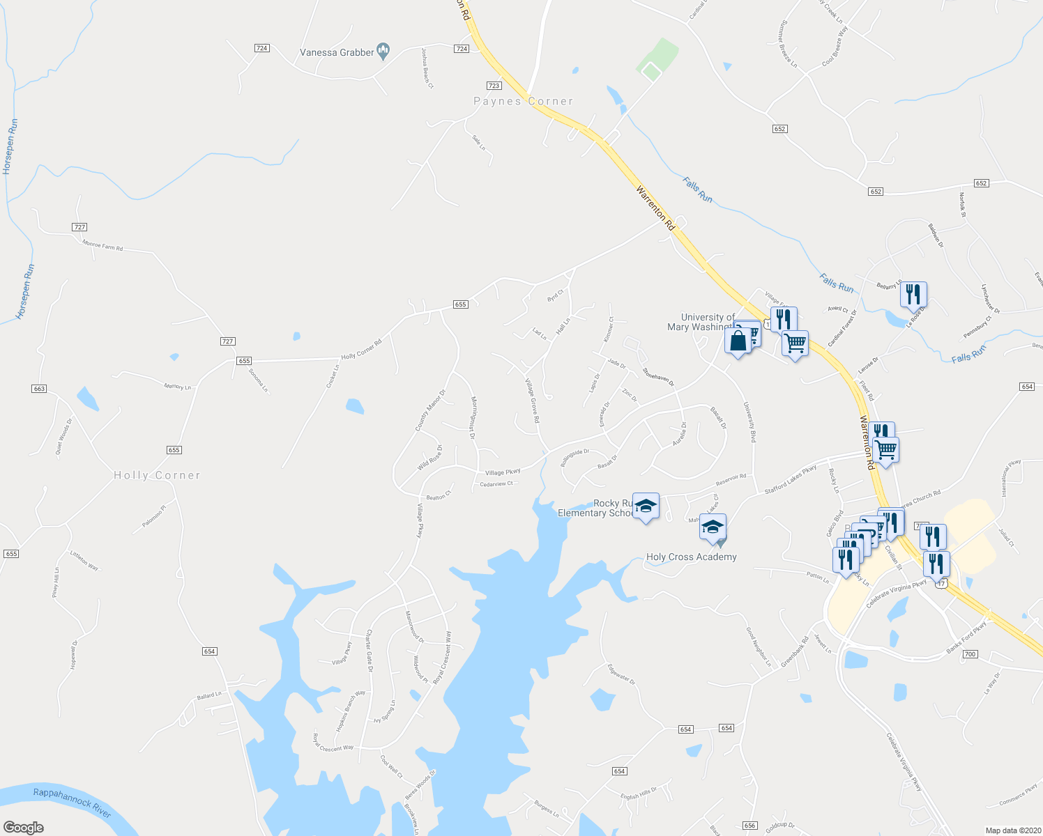 map of restaurants, bars, coffee shops, grocery stores, and more near 20 Grace Manor Court in Fredericksburg