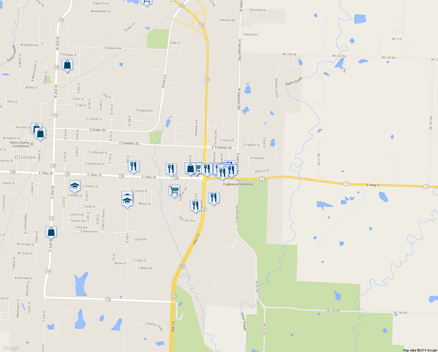 map of restaurants, bars, coffee shops, grocery stores, and more near 1698 Highland Drive in Clinton