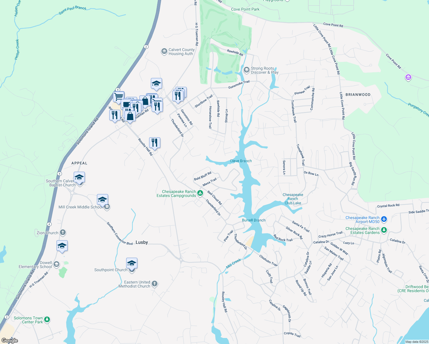 map of restaurants, bars, coffee shops, grocery stores, and more near 259 Red Cloud Road in Lusby