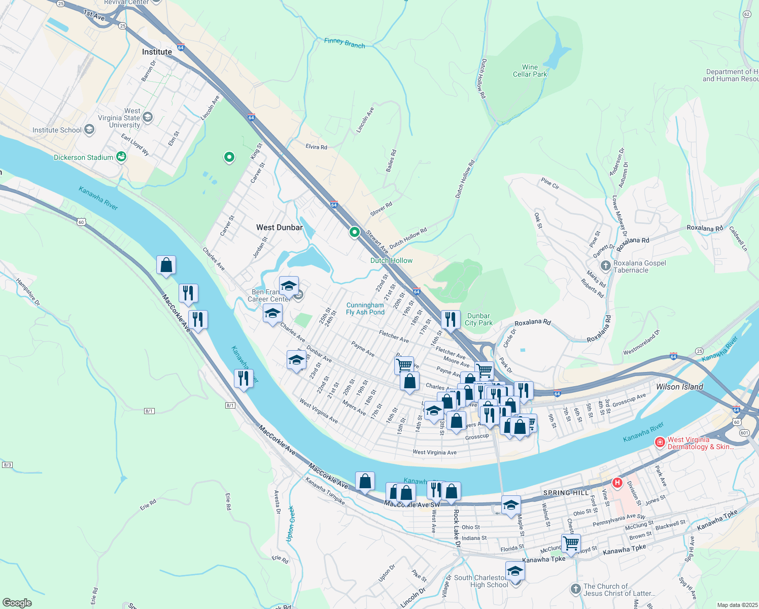 map of restaurants, bars, coffee shops, grocery stores, and more near 519 21st St in Dunbar