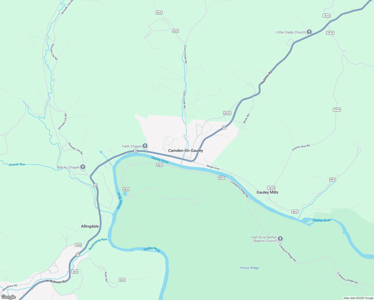 map of restaurants, bars, coffee shops, grocery stores, and more near 55 Maple Inn Rd in Camden-on-Gauley