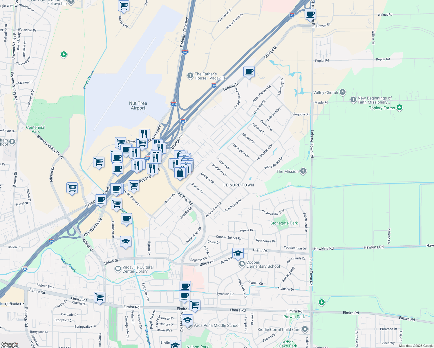 map of restaurants, bars, coffee shops, grocery stores, and more near 131 McKinley Cir in Vacaville