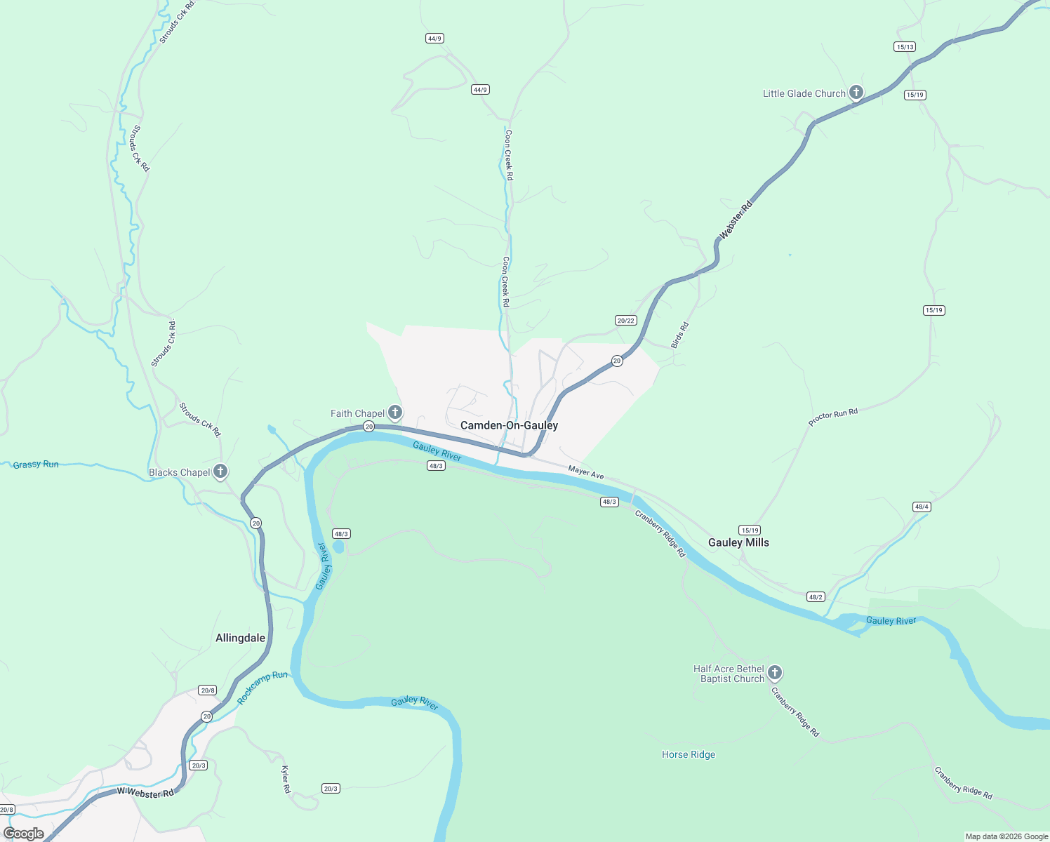 map of restaurants, bars, coffee shops, grocery stores, and more near 55 Maple Inn Rd in Camden-on-Gauley