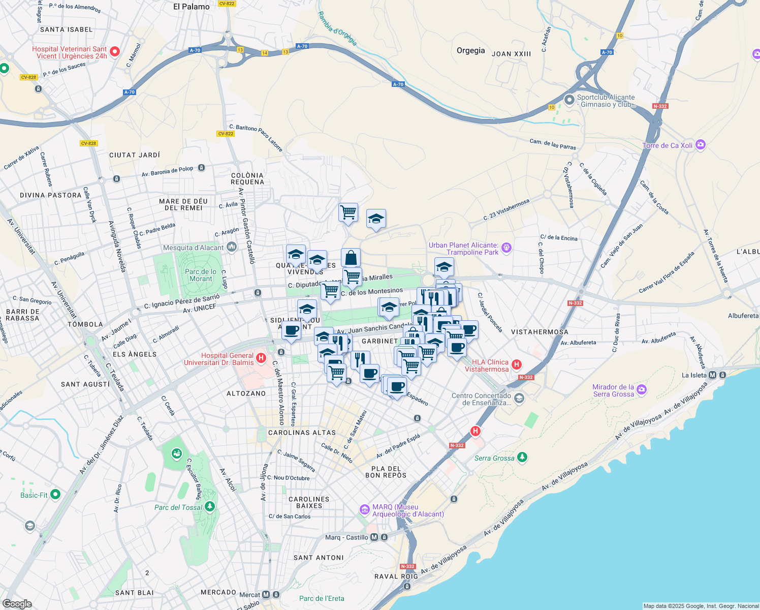 map of restaurants, bars, coffee shops, grocery stores, and more near 18A Carrer Polop in Alacant