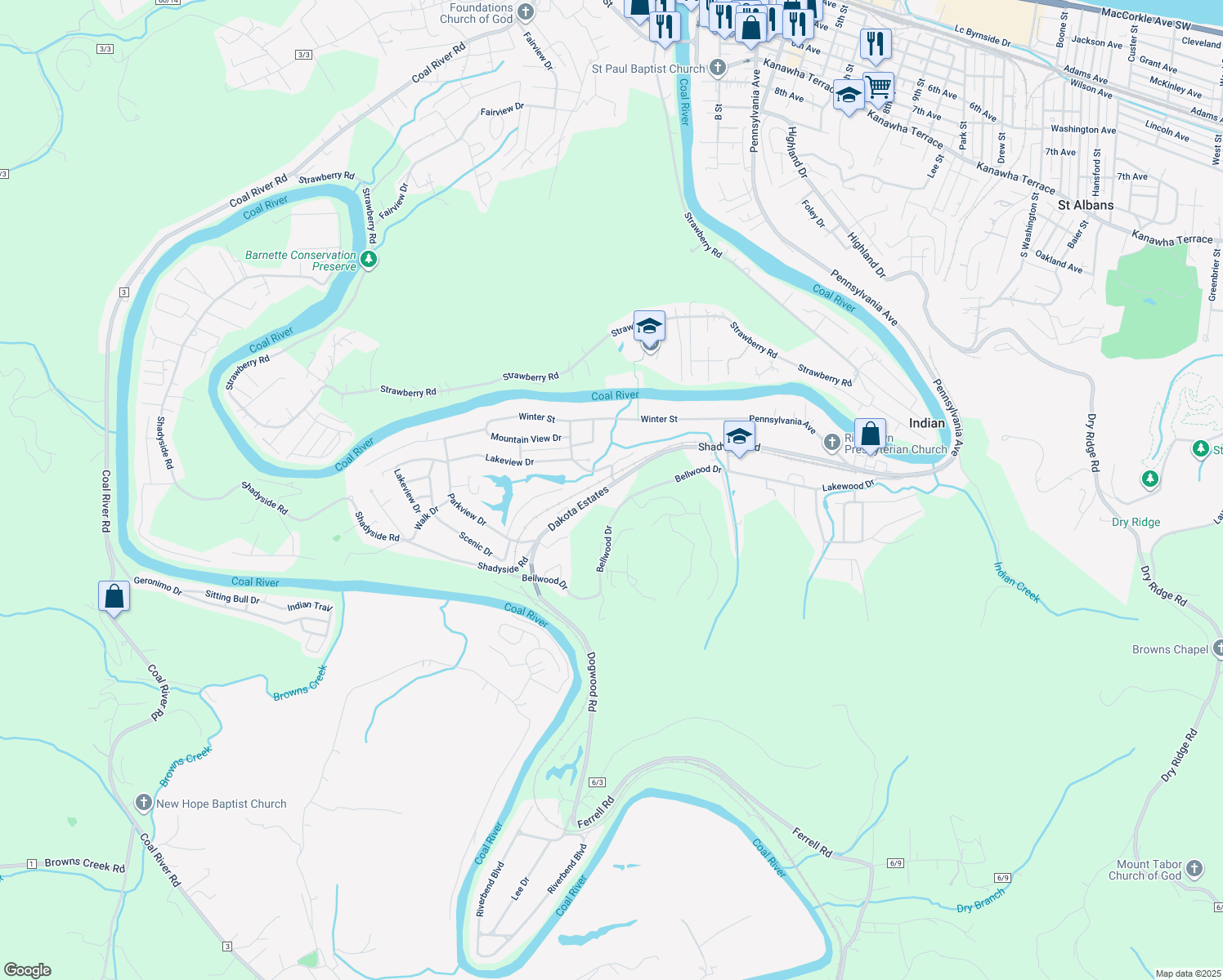 map of restaurants, bars, coffee shops, grocery stores, and more near 2404 Shadyside Rd in St Albans