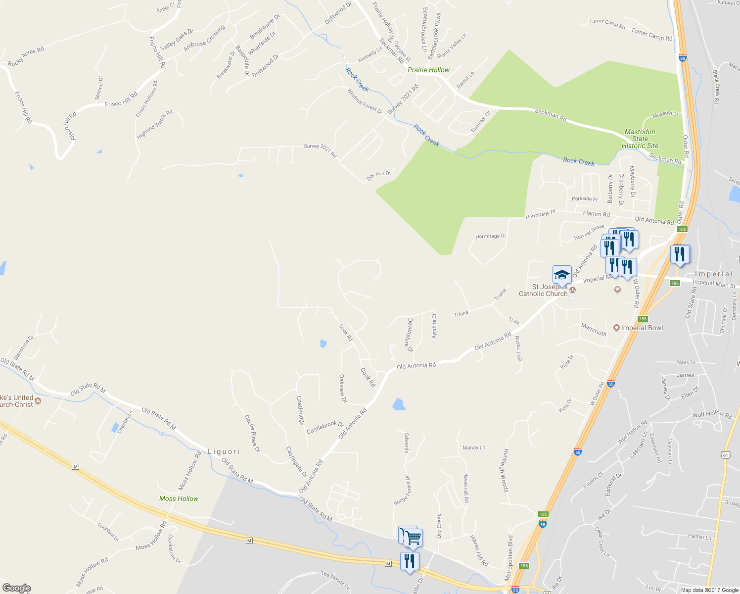 map of restaurants, bars, coffee shops, grocery stores, and more near 2341 Windsor Castle Drive in Imperial