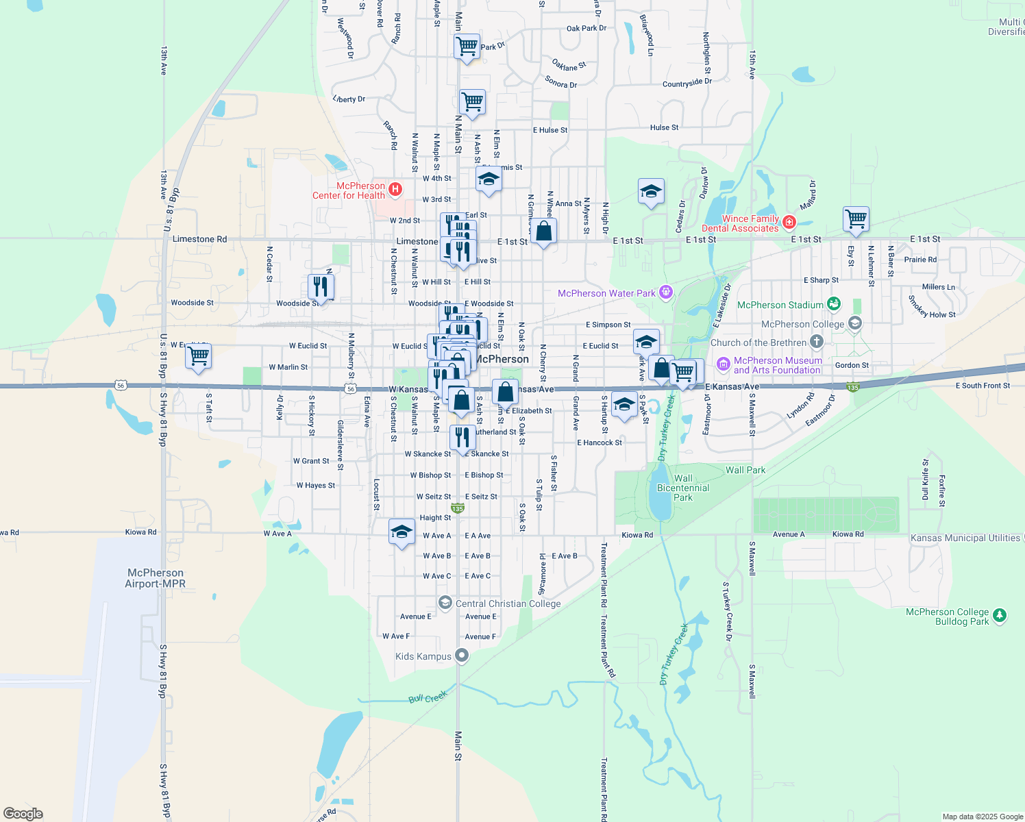 map of restaurants, bars, coffee shops, grocery stores, and more near 353 East Elizabeth Street in McPherson