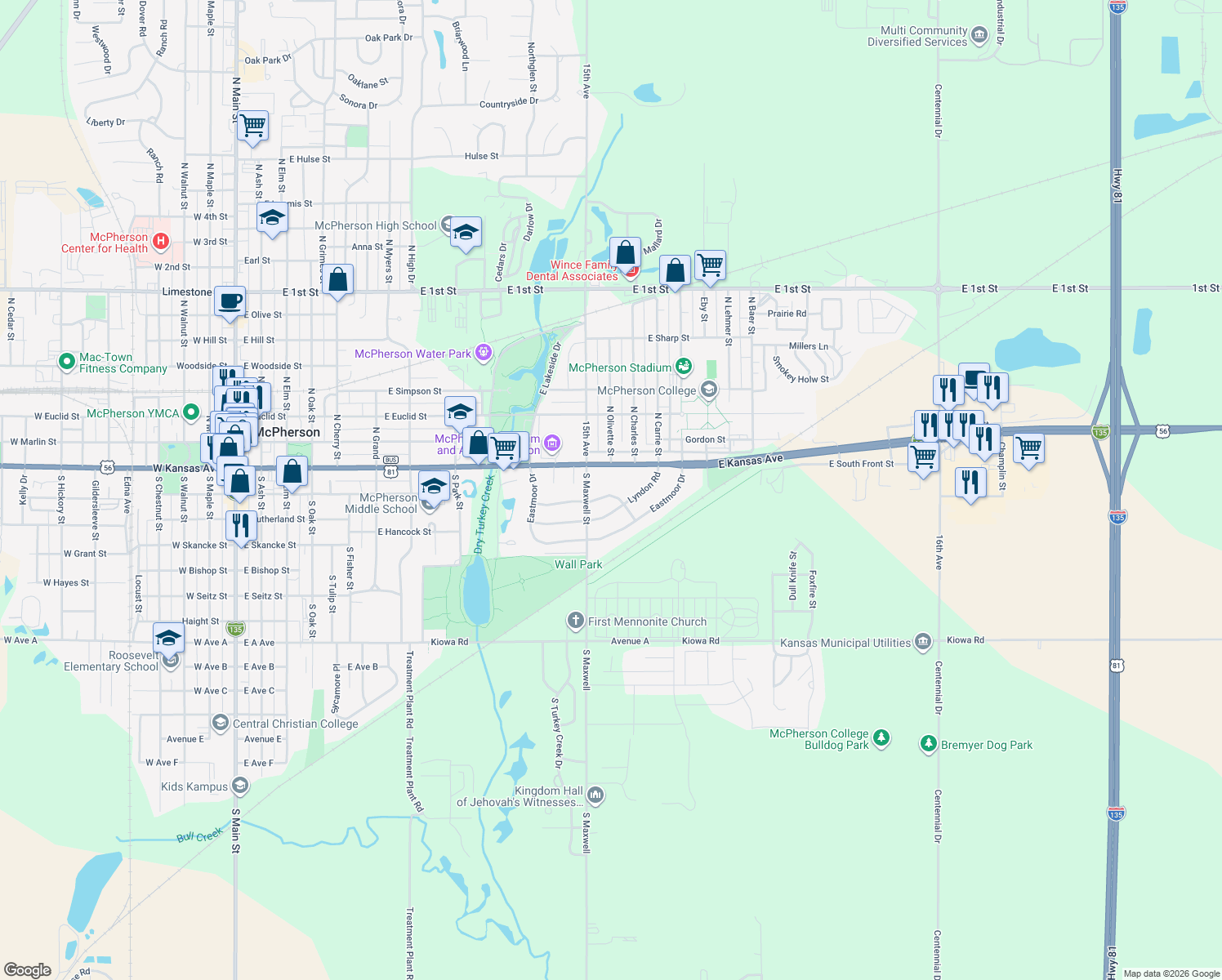 map of restaurants, bars, coffee shops, grocery stores, and more near 1207 Glendale Road in McPherson