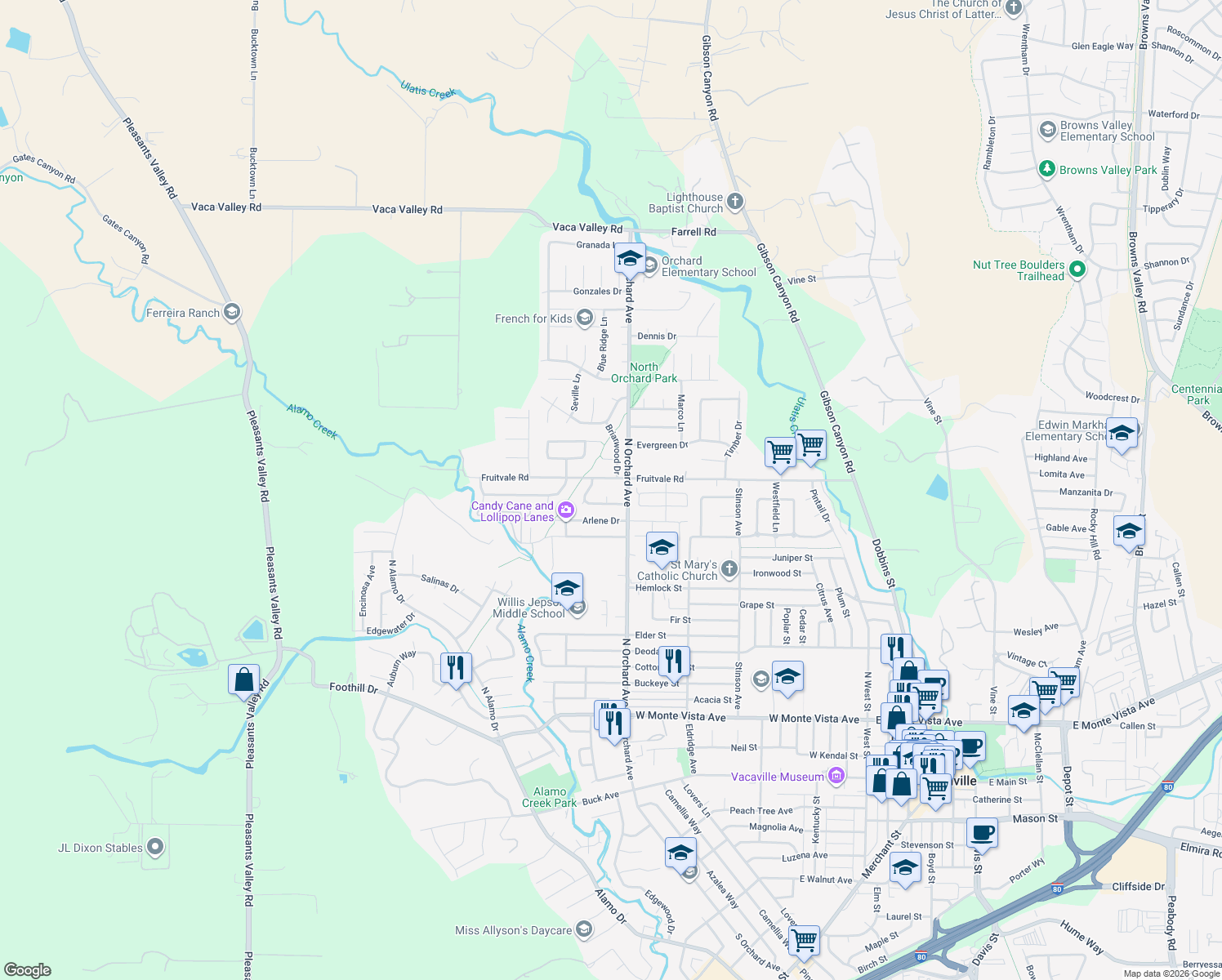 map of restaurants, bars, coffee shops, grocery stores, and more near 531 Parkridge Ct in Vacaville