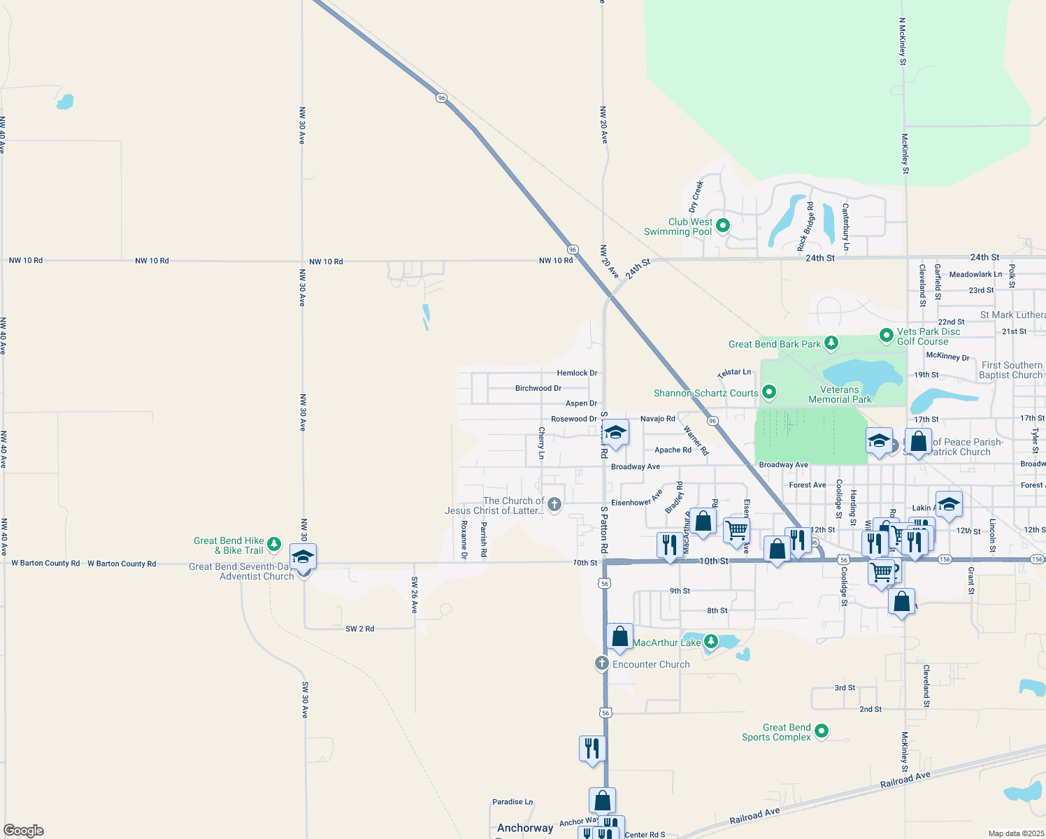map of restaurants, bars, coffee shops, grocery stores, and more near 5937 Rosewood Drive in Great Bend