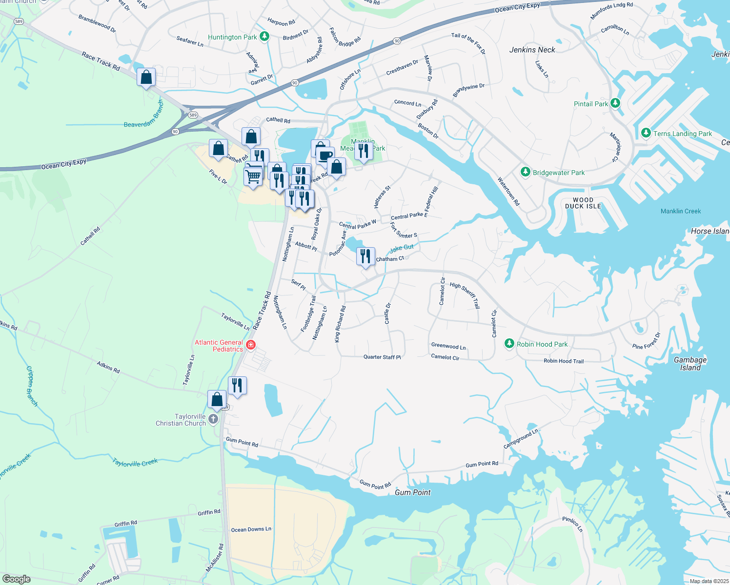 map of restaurants, bars, coffee shops, grocery stores, and more near 1124 Ocean Parkway in Ocean Pines