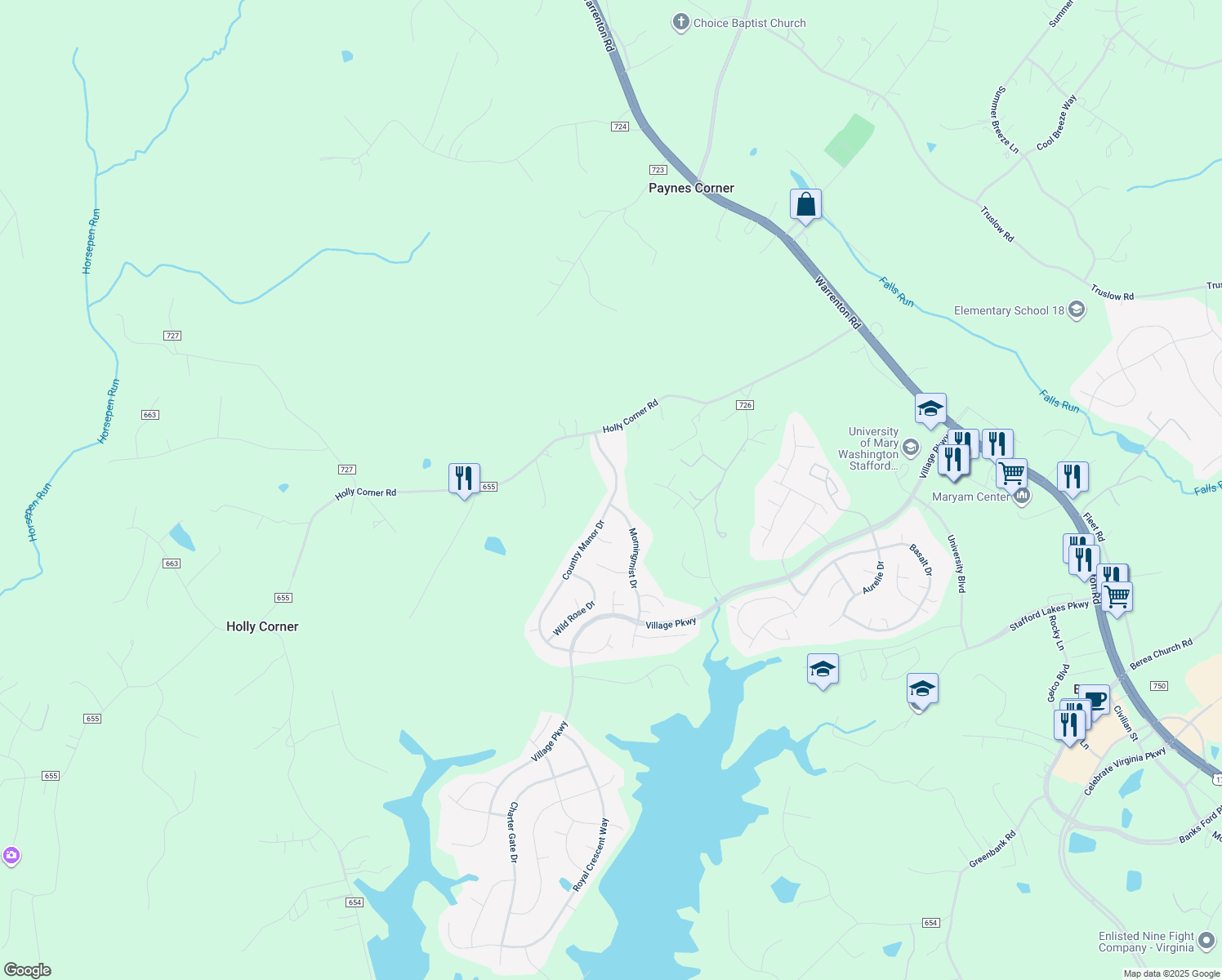 map of restaurants, bars, coffee shops, grocery stores, and more near 32 Country Manor Drive in Fredericksburg