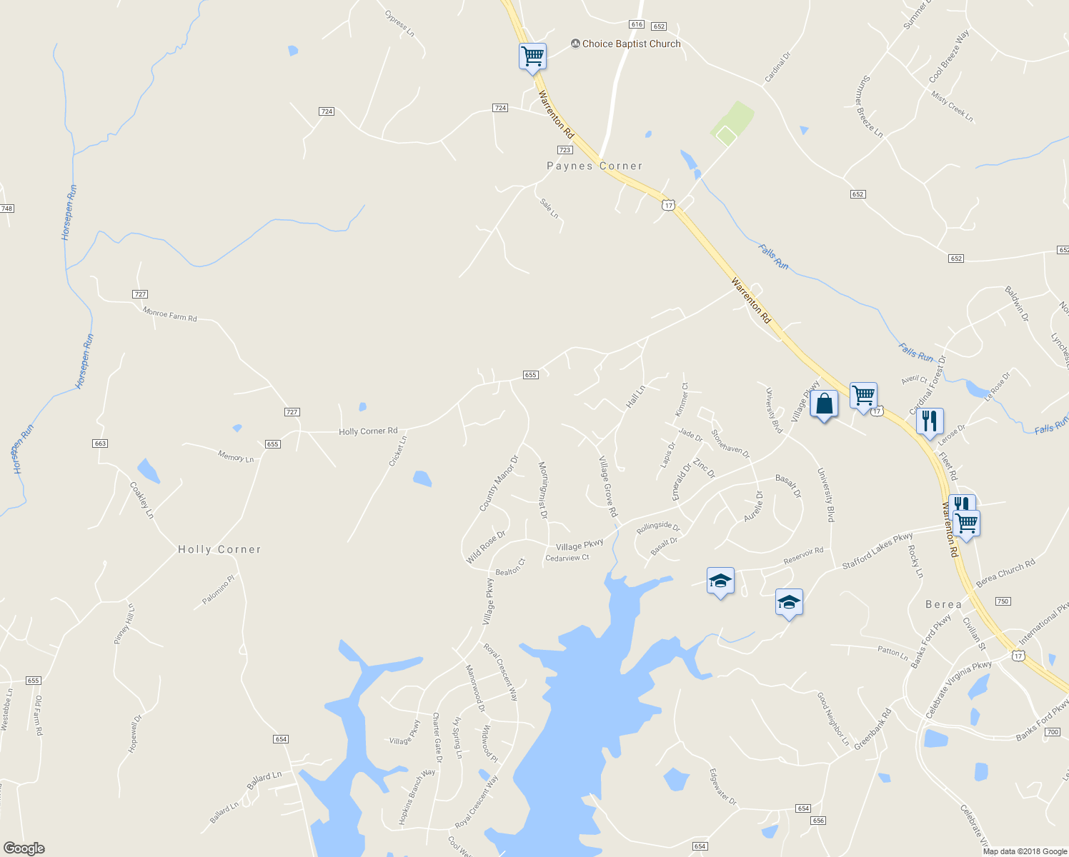 map of restaurants, bars, coffee shops, grocery stores, and more near 29 Country Manor Drive in Fredericksburg