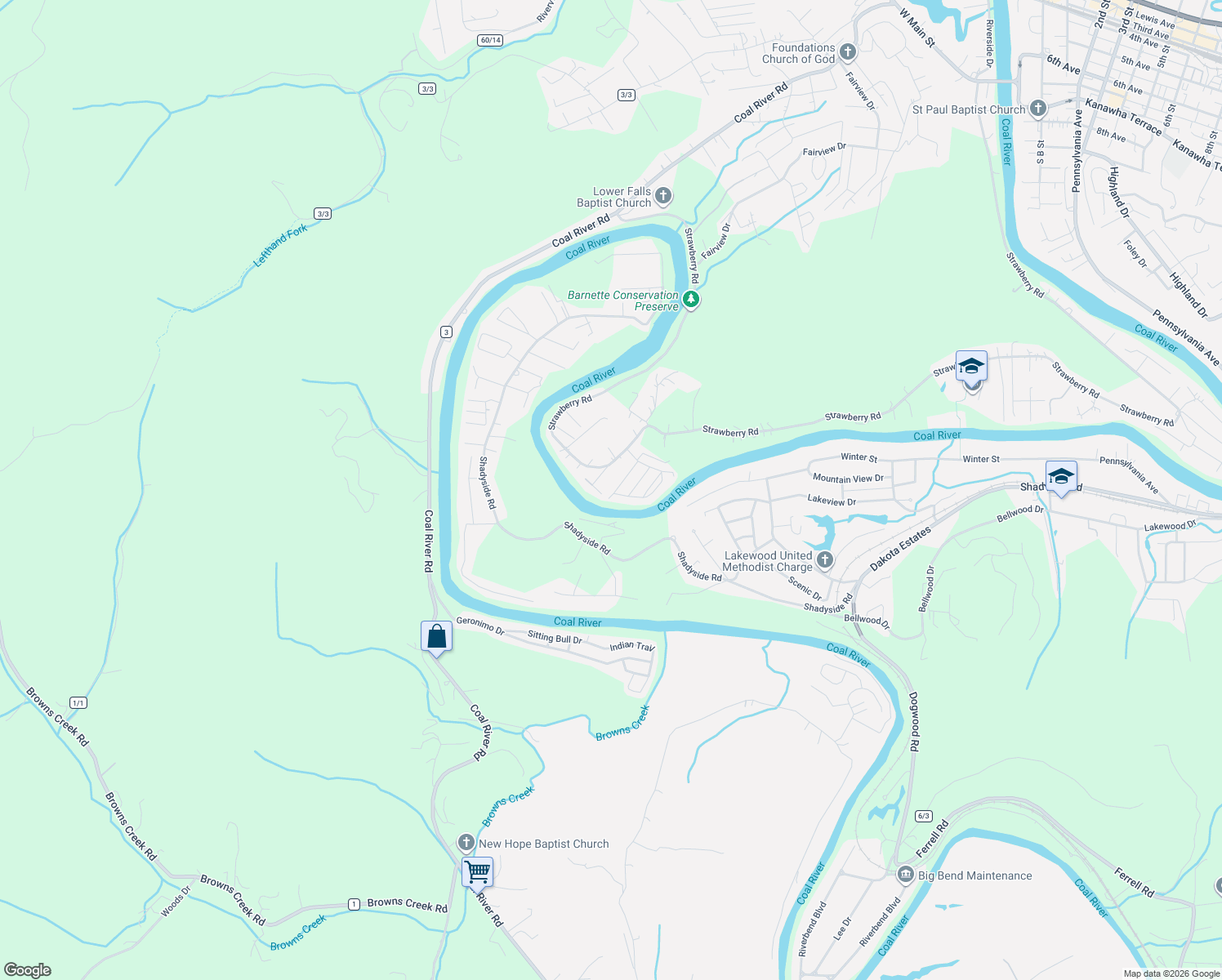 map of restaurants, bars, coffee shops, grocery stores, and more near 1500 Strawberry Road in Saint Albans
