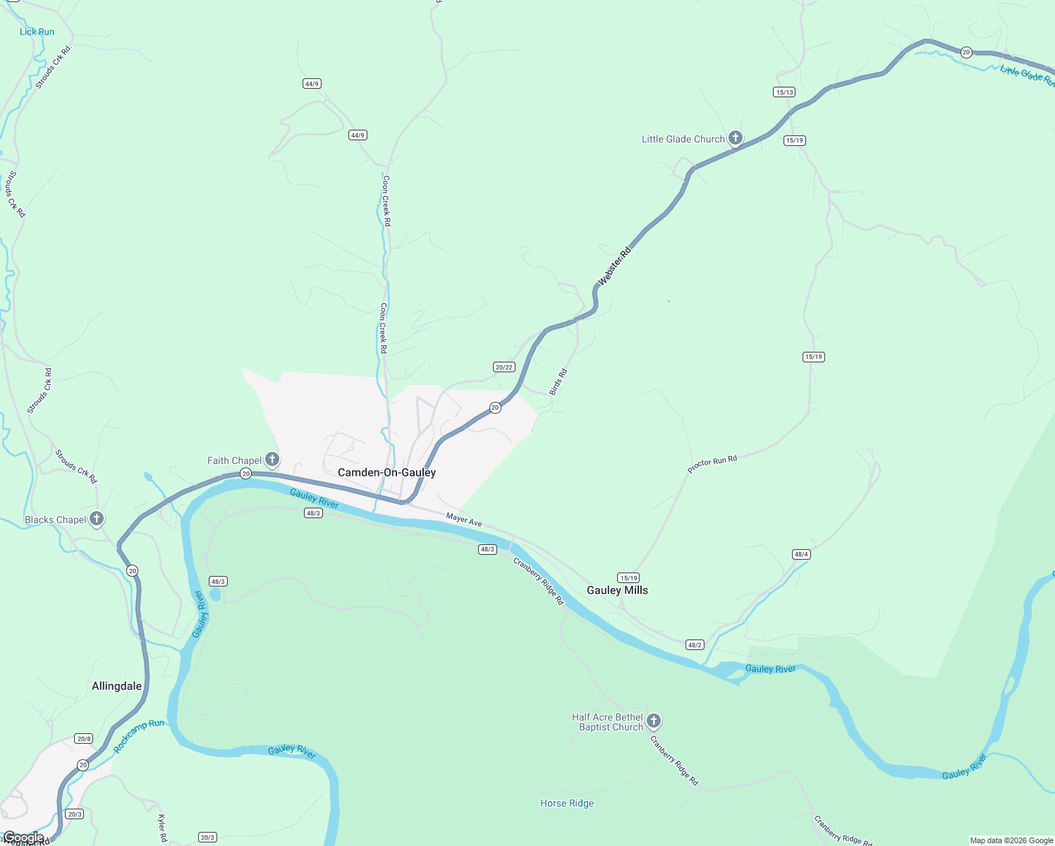 map of restaurants, bars, coffee shops, grocery stores, and more near 9353 Webster Road in Camden-on-Gauley