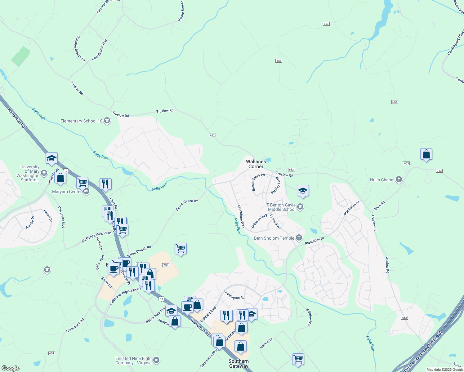 map of restaurants, bars, coffee shops, grocery stores, and more near 6 Coral Court in Fredericksburg