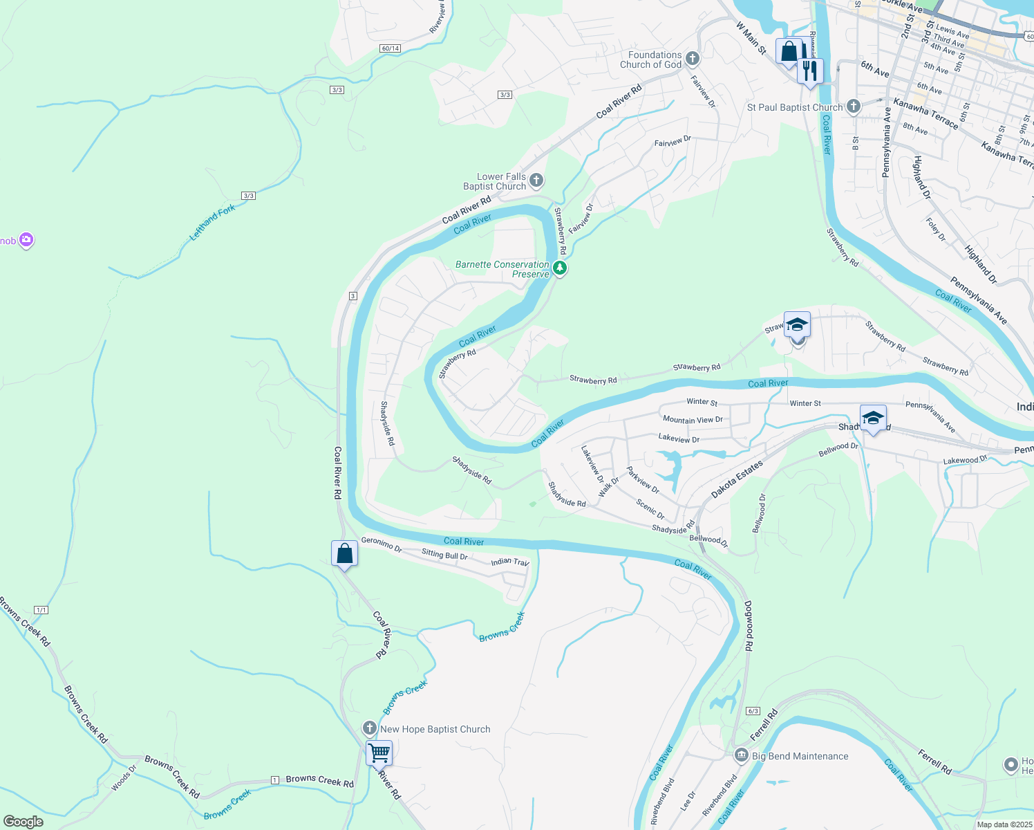 map of restaurants, bars, coffee shops, grocery stores, and more near 1409 Cousin Drive in Saint Albans