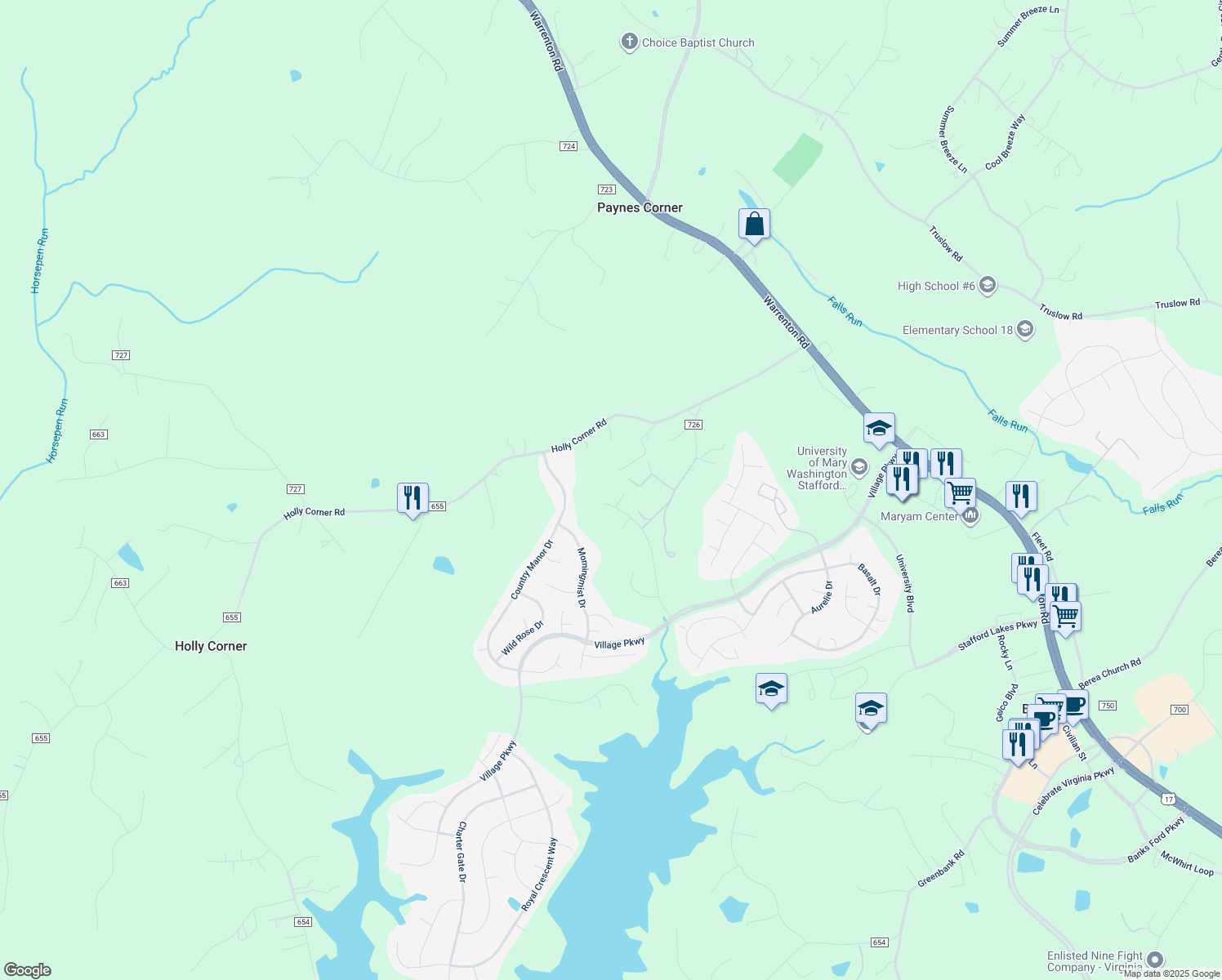 map of restaurants, bars, coffee shops, grocery stores, and more near 72 Village Grove Road in Fredericksburg