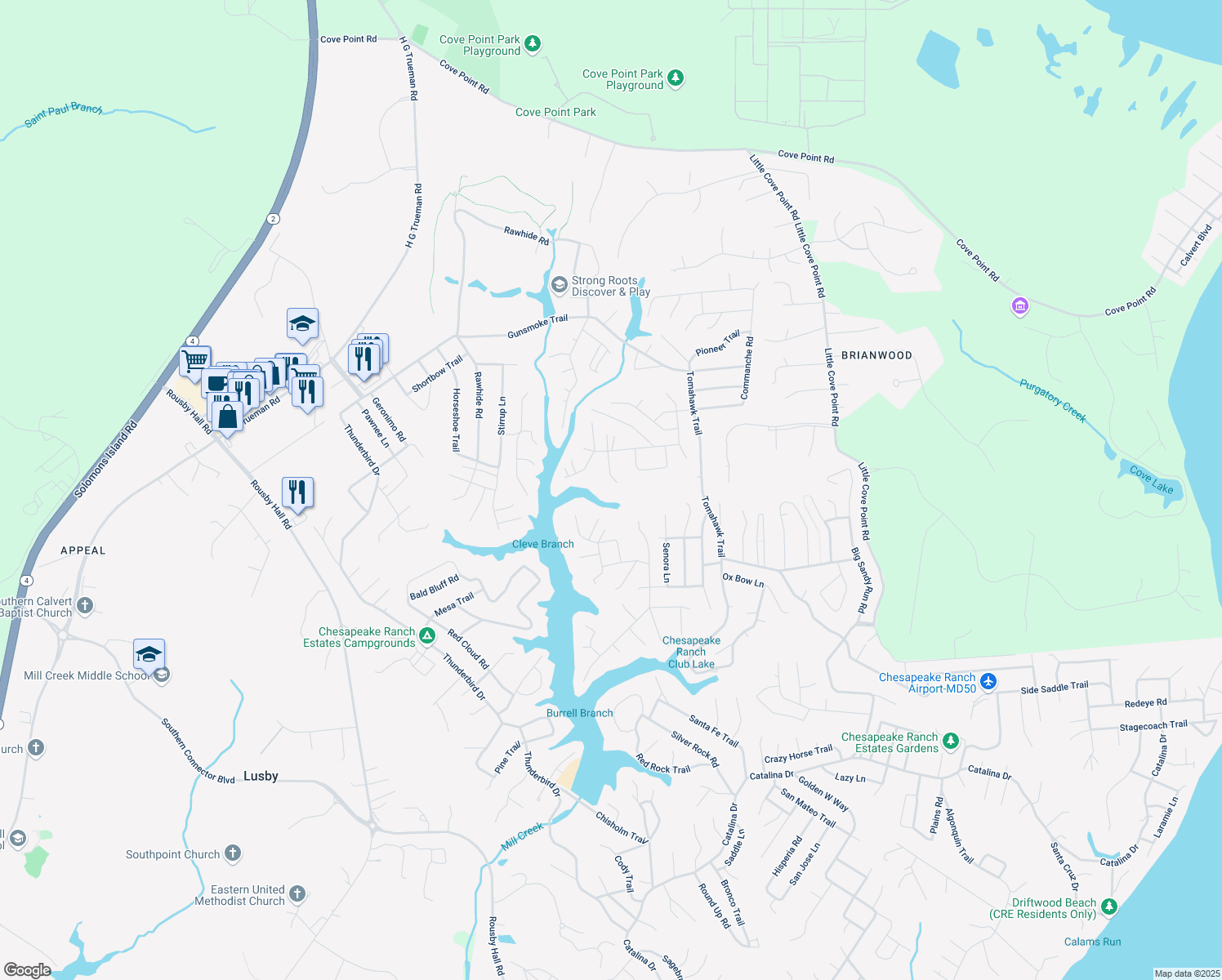 map of restaurants, bars, coffee shops, grocery stores, and more near 11527 Ventura Trail in Lusby