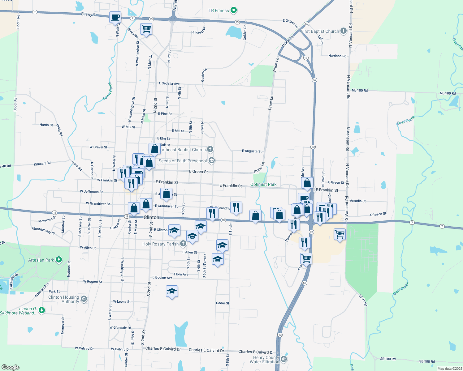 map of restaurants, bars, coffee shops, grocery stores, and more near 799 E Franklin St in Clinton