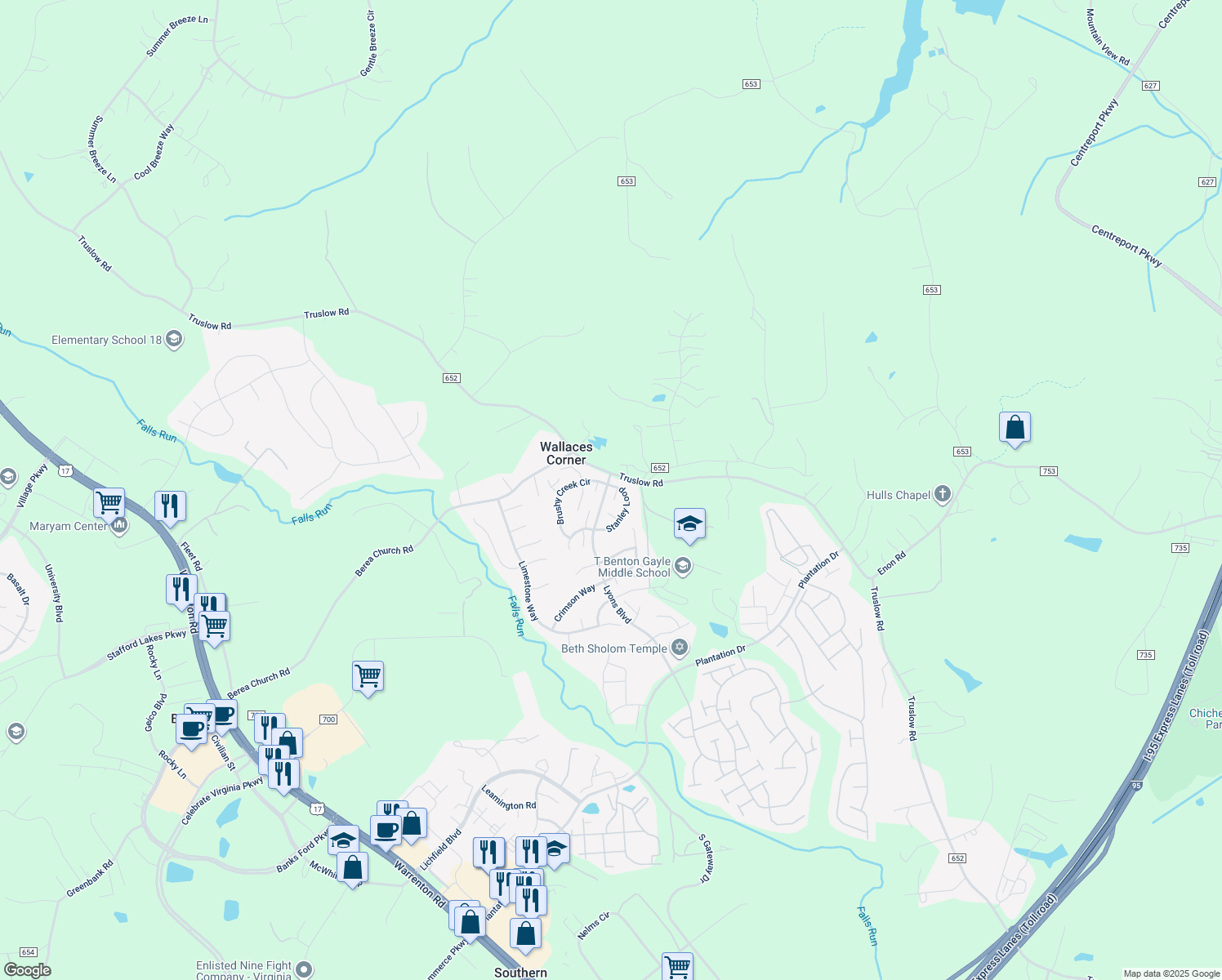 map of restaurants, bars, coffee shops, grocery stores, and more near 2 Chain Court in Fredericksburg