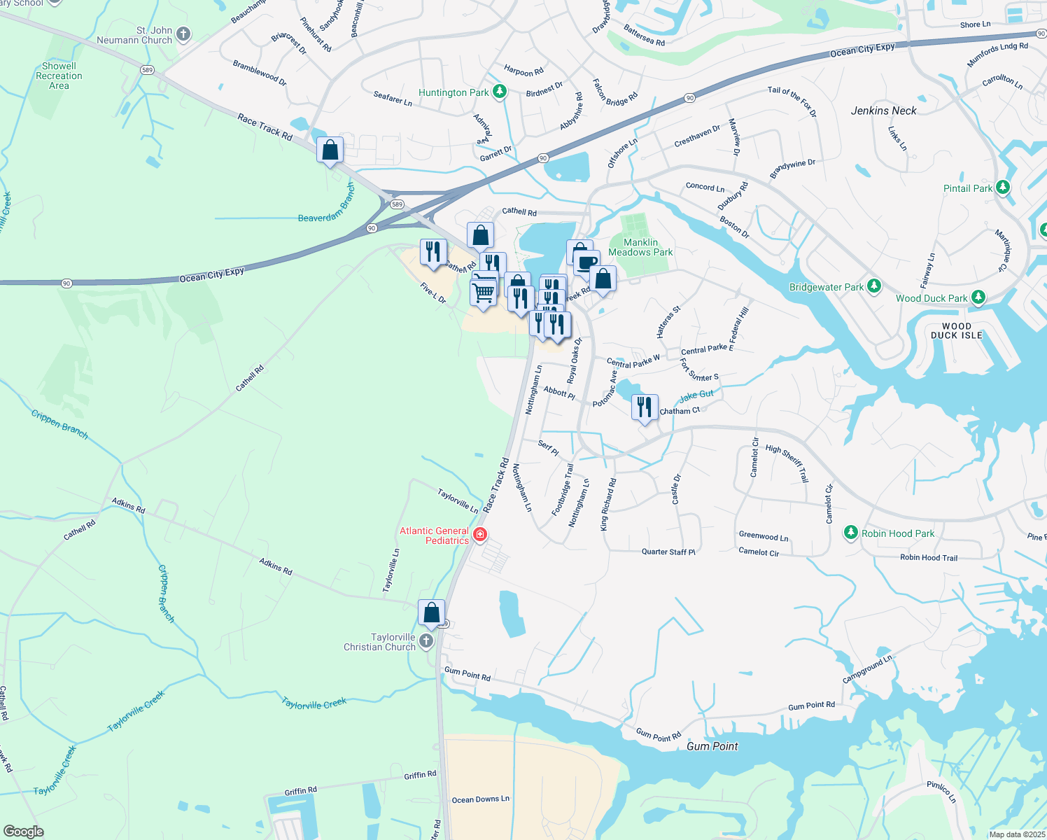 map of restaurants, bars, coffee shops, grocery stores, and more near 52 Nottingham Lane in Ocean Pines