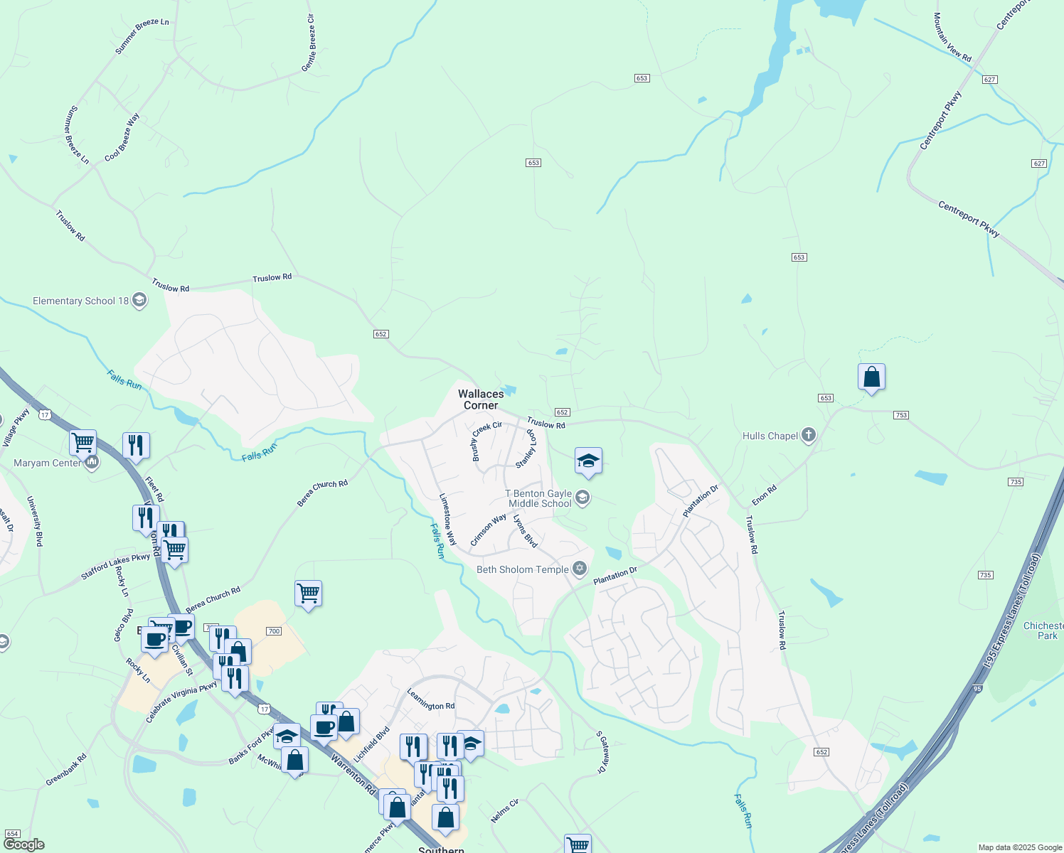 map of restaurants, bars, coffee shops, grocery stores, and more near 7 Stanley Loop in Fredericksburg
