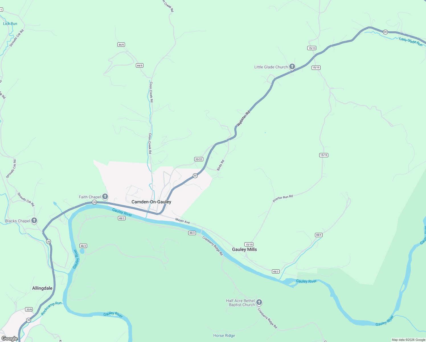 map of restaurants, bars, coffee shops, grocery stores, and more near 77-85 Birds Rd in Camden-on-Gauley