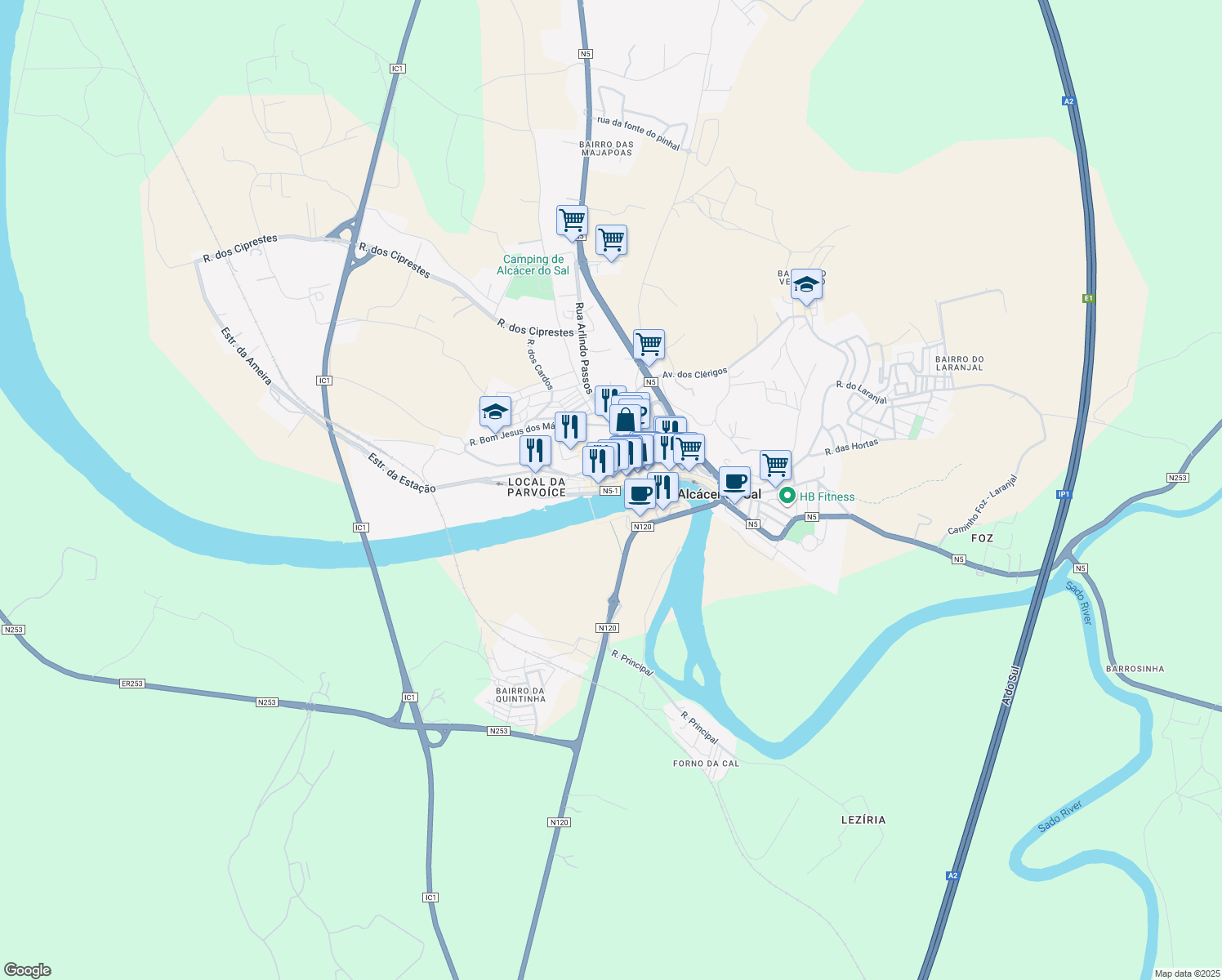 map of restaurants, bars, coffee shops, grocery stores, and more near Avenida João Soares Branco in Alcácer do Sal