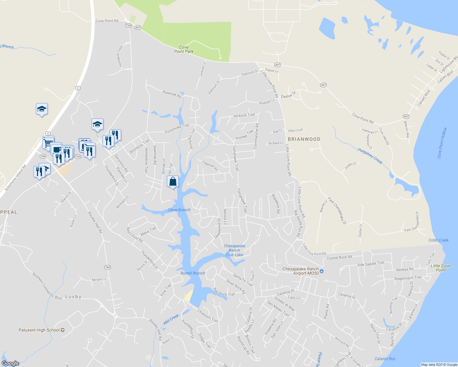 map of restaurants, bars, coffee shops, grocery stores, and more near 674 Texoma Lane in Lusby