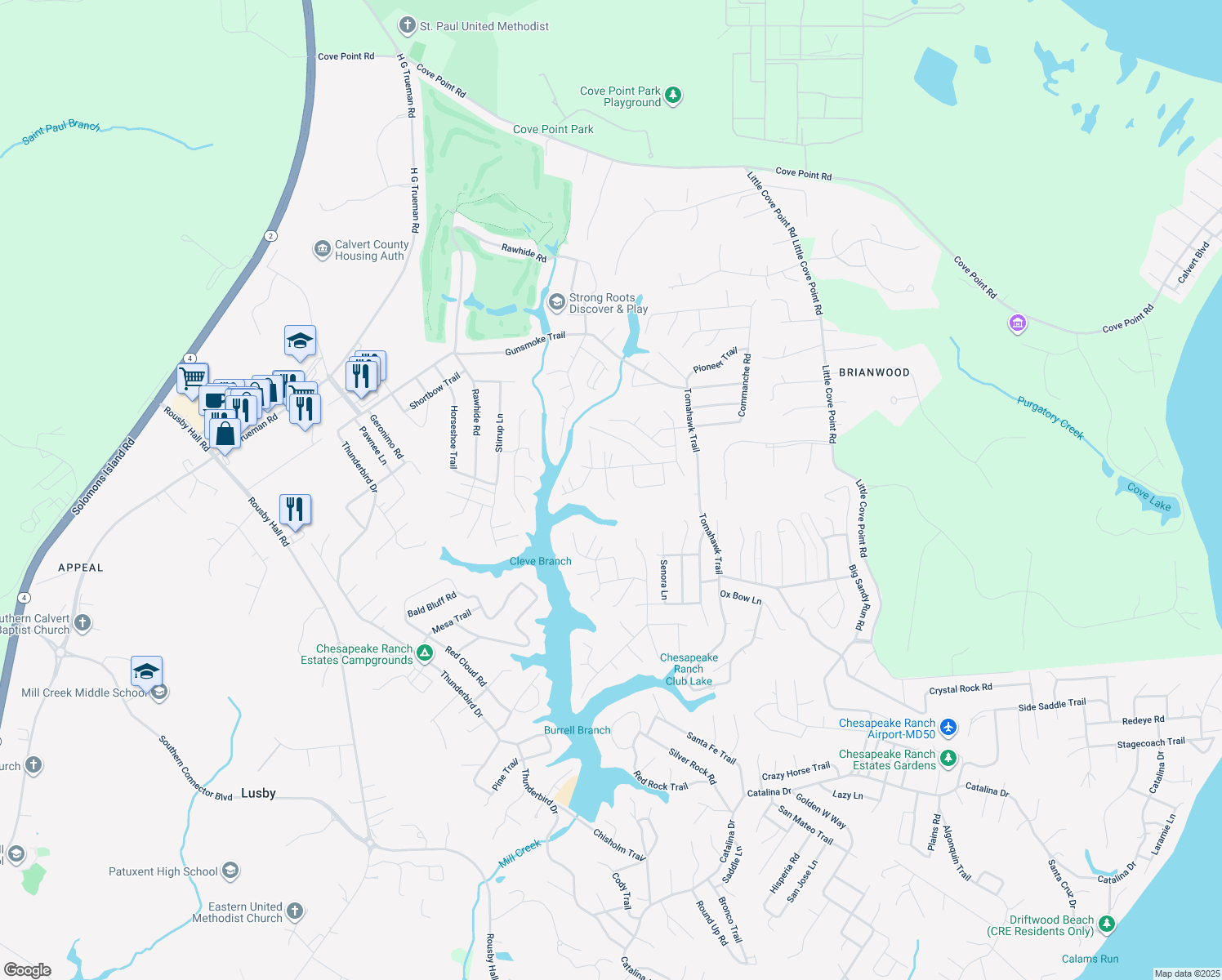 map of restaurants, bars, coffee shops, grocery stores, and more near 11514 Ventura Trail in Lusby