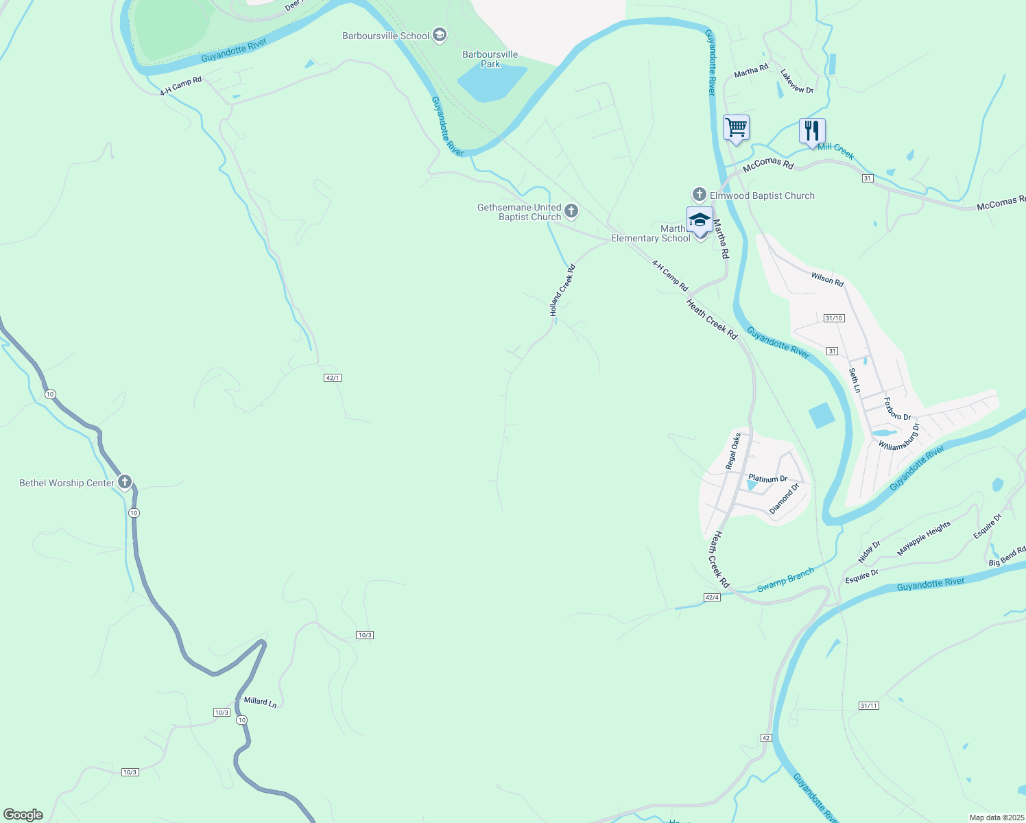 map of restaurants, bars, coffee shops, grocery stores, and more near 3321 Holland Creek Rd in Barboursville
