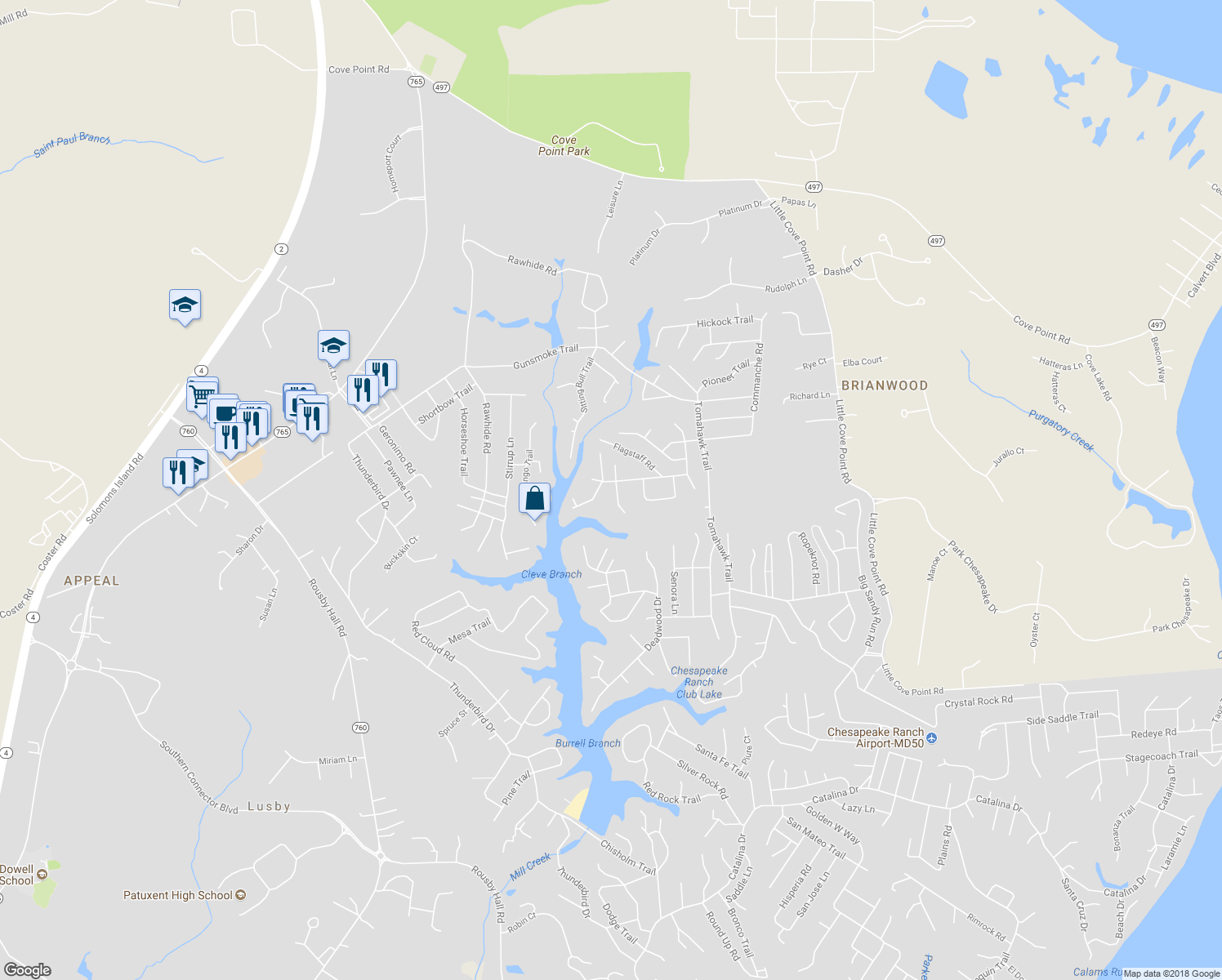 map of restaurants, bars, coffee shops, grocery stores, and more near 11503 Ventura Trail in Lusby