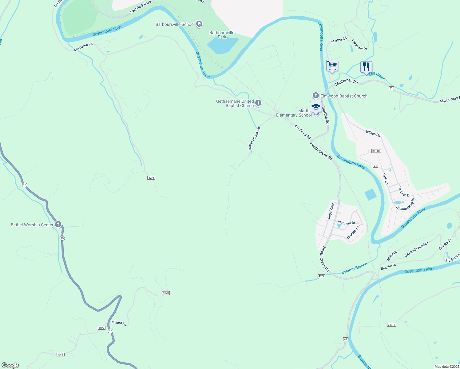 map of restaurants, bars, coffee shops, grocery stores, and more near 3321 Holland Creek Rd in Barboursville