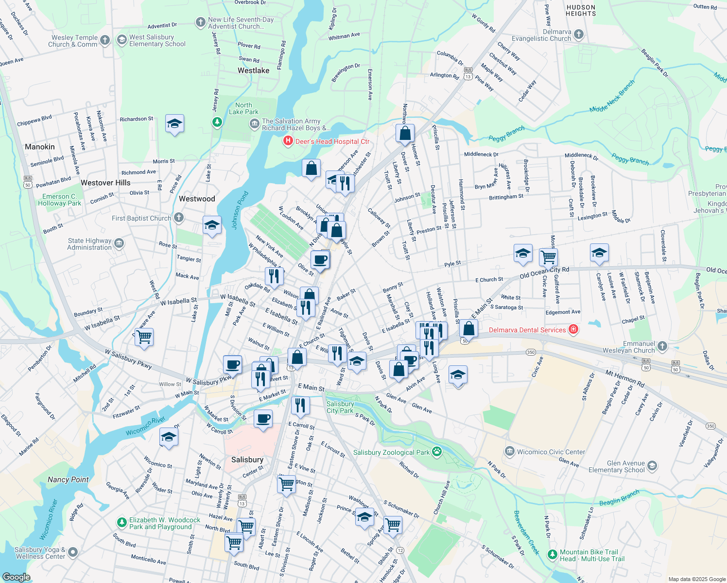 map of restaurants, bars, coffee shops, grocery stores, and more near 322 Naylor Street in Salisbury