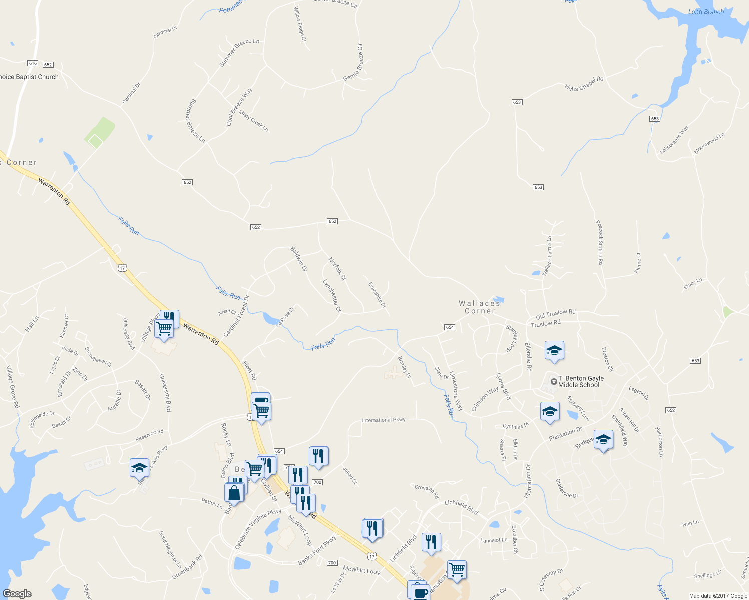 map of restaurants, bars, coffee shops, grocery stores, and more near 15 Evanshire Drive in Fredericksburg