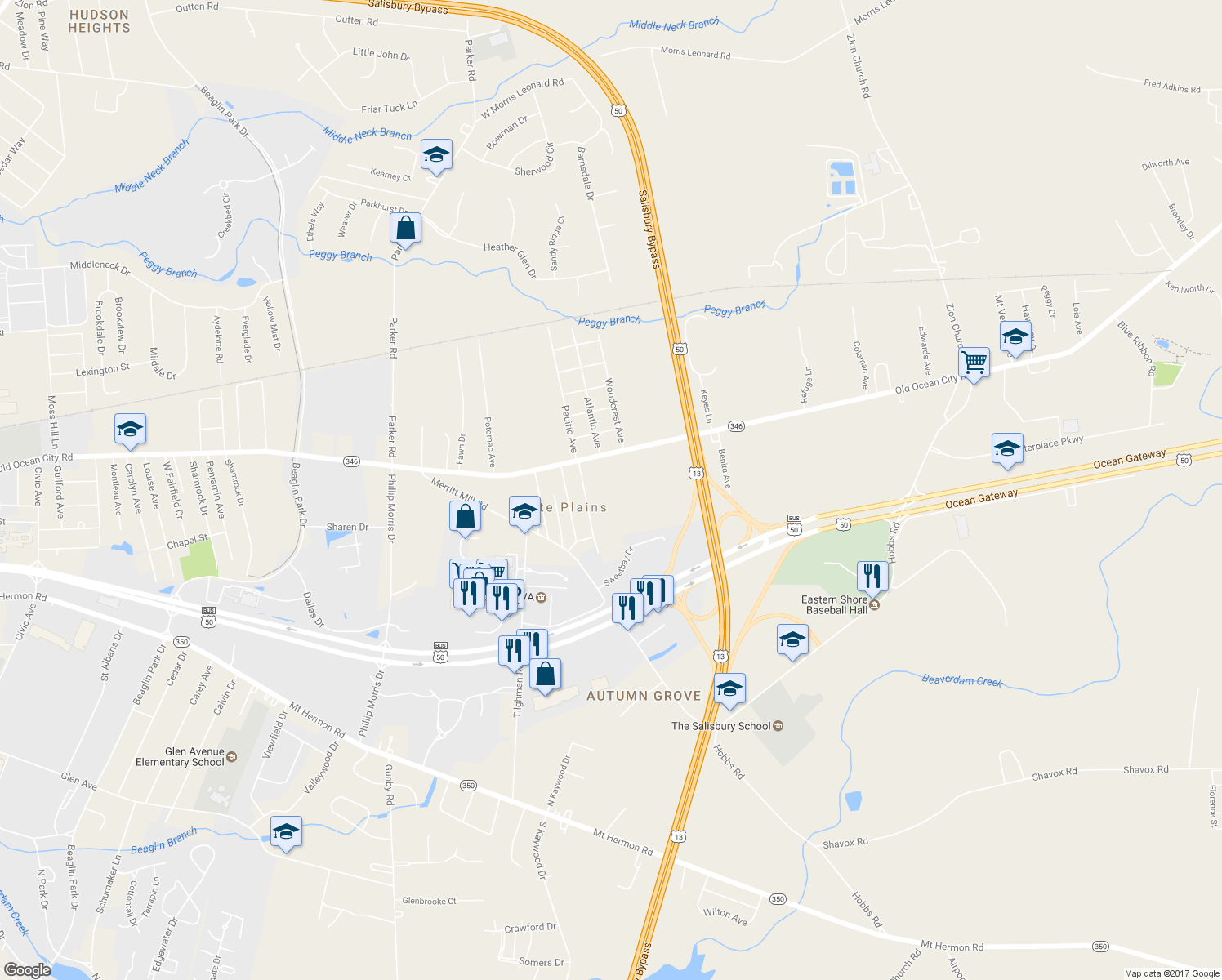 map of restaurants, bars, coffee shops, grocery stores, and more near 3202 Old Ocean City Road in Salisbury