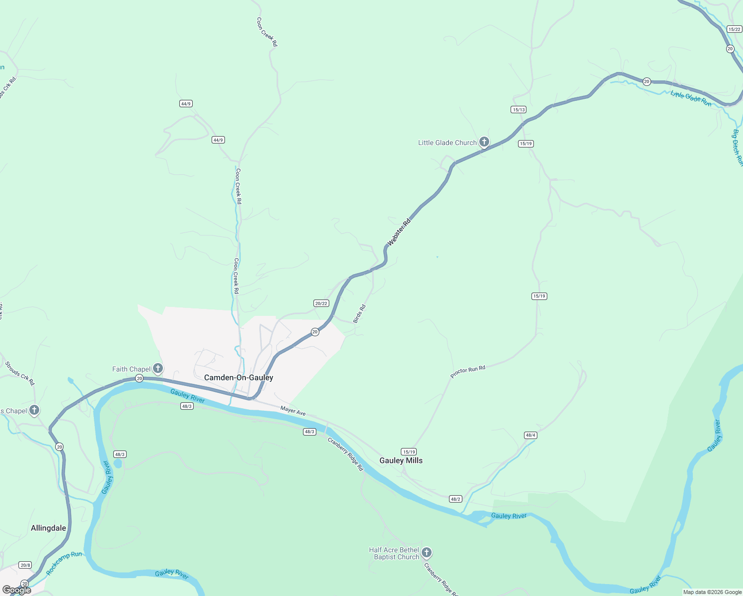 map of restaurants, bars, coffee shops, grocery stores, and more near 77 Birds Road in Camden-on-Gauley
