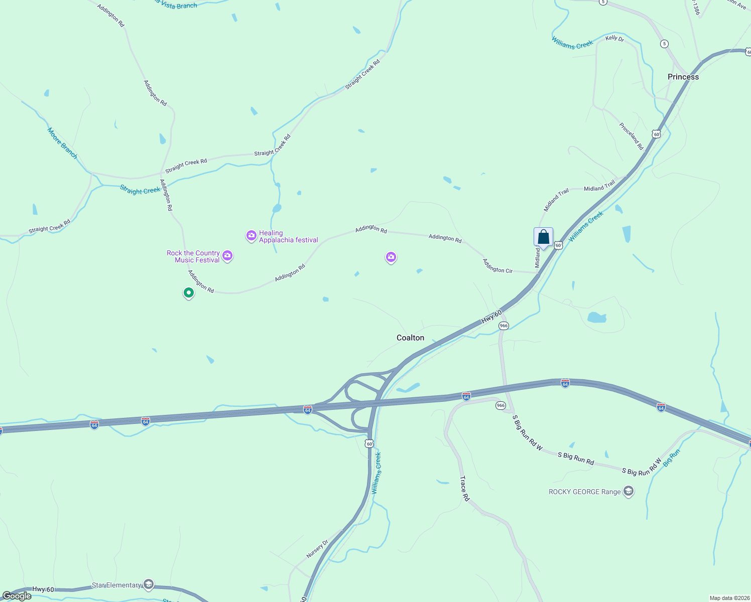map of restaurants, bars, coffee shops, grocery stores, and more near 14700-14998 Rice Lane in Ashland
