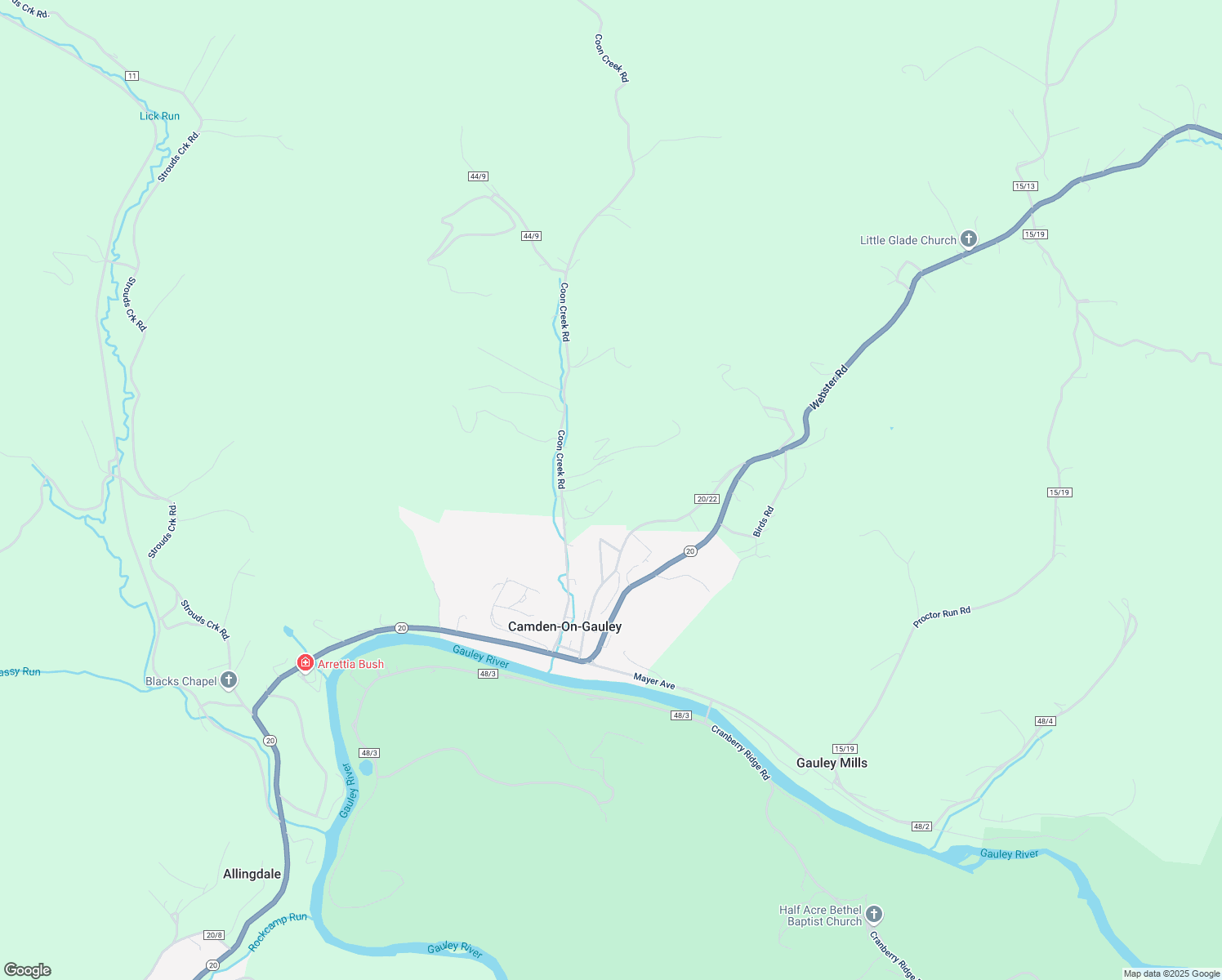 map of restaurants, bars, coffee shops, grocery stores, and more near 99 Moss Drive in Camden-on-Gauley